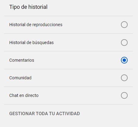 Menú con opciones de historial